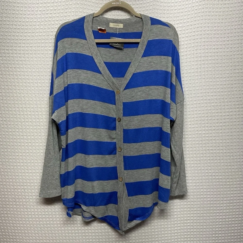NEW ODDY V-Neck Knit Sweater Women's‎ XL Gray Blue Striped Button Cardigan Y2K